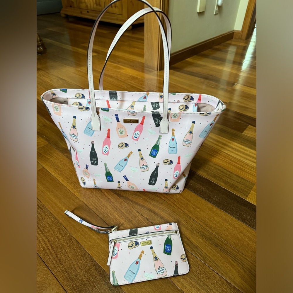 Kate Spade pink champagne bottles print bag and wristlet. EUC